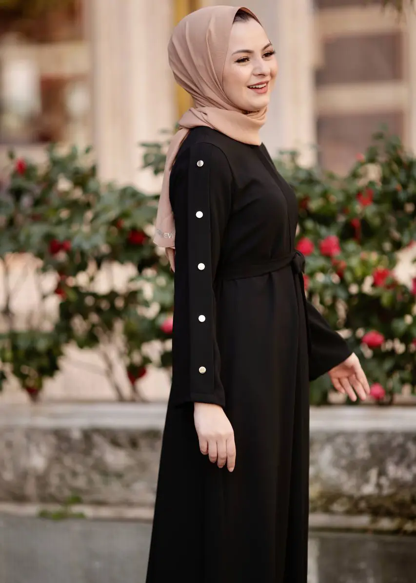 knee length dress hijab Casual Zippered Belted Modest Dress