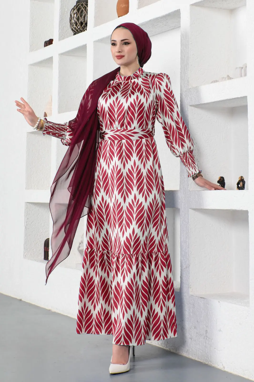 Satin Flowy Belted Dress with Smocked Cuffs - Qultim