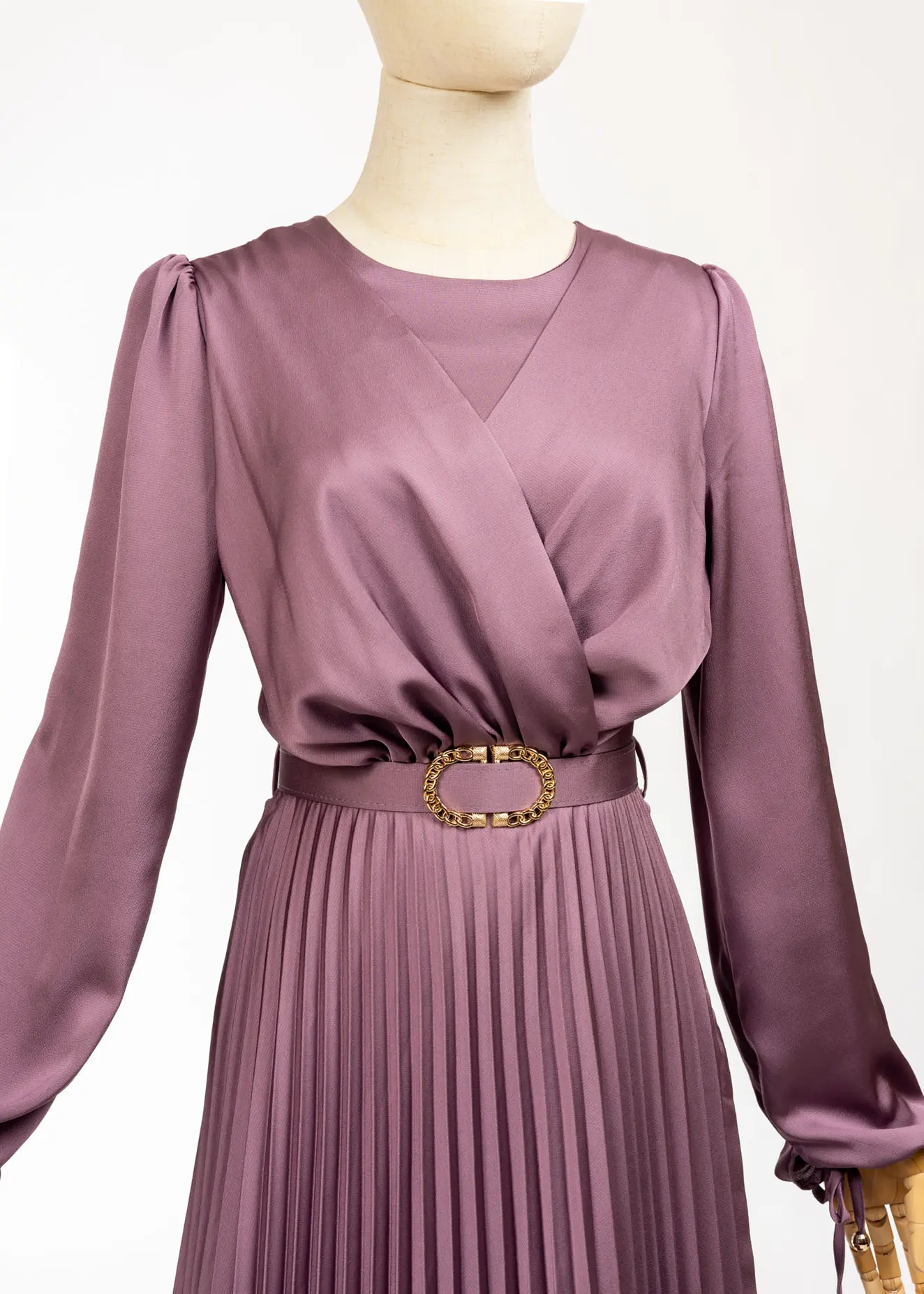 knee length dresses for ladies Pleated Metallic Satin Long Sleeve Gown – John Paul Ataker